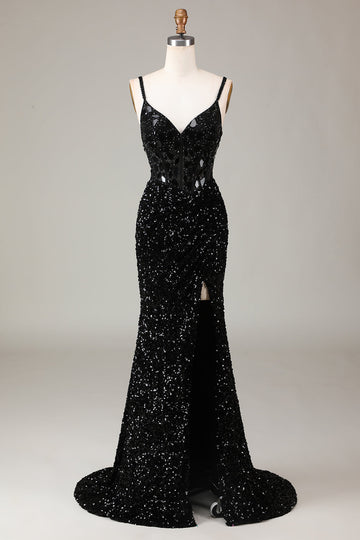 Glitter Mirror Sequins Black Corset Ball Dress with Slit